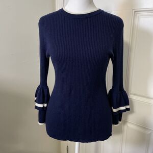 FRAME Double Ruffle-Cuff Rib-Knit Wool Sweater Navy Blue Supersoft Size Small